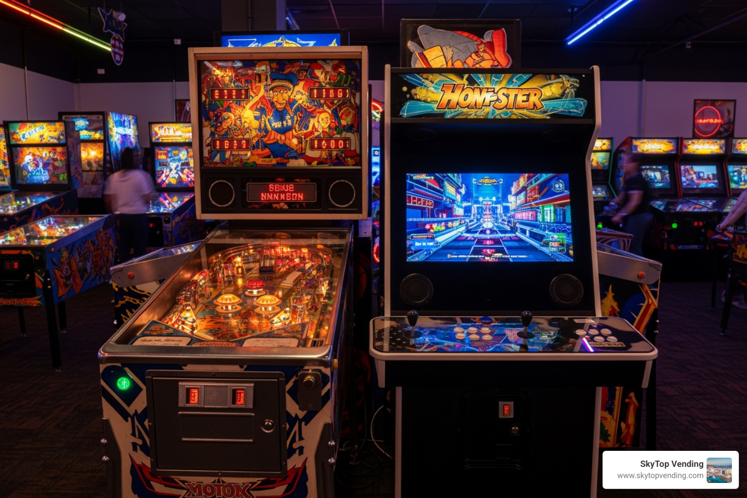 A vintage pinball machine next to a modern digital arcade cabinet showing the evolution of amusement tech