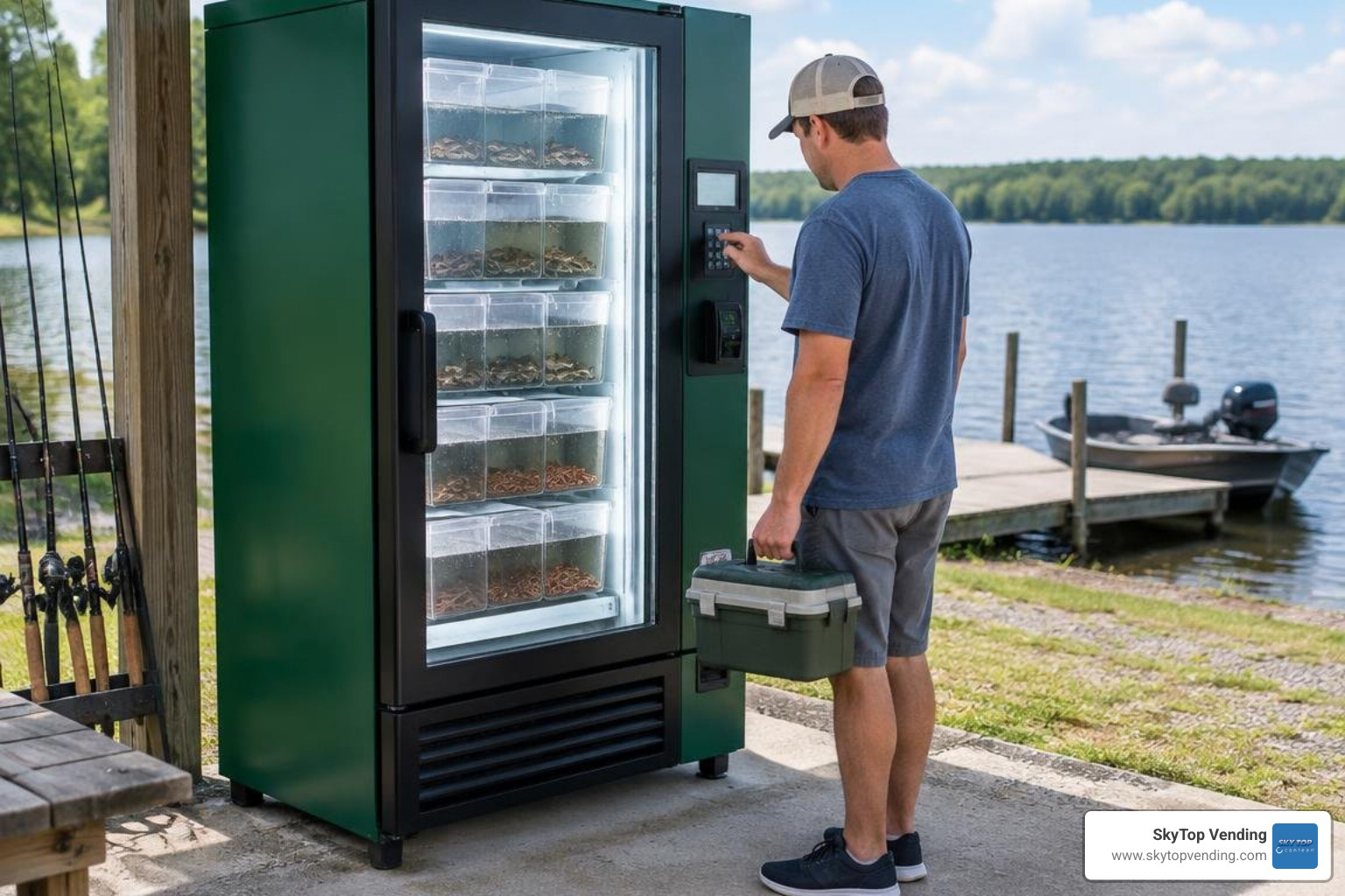 Refrigerated outdoor live bait vending machine dispensing fresh bait