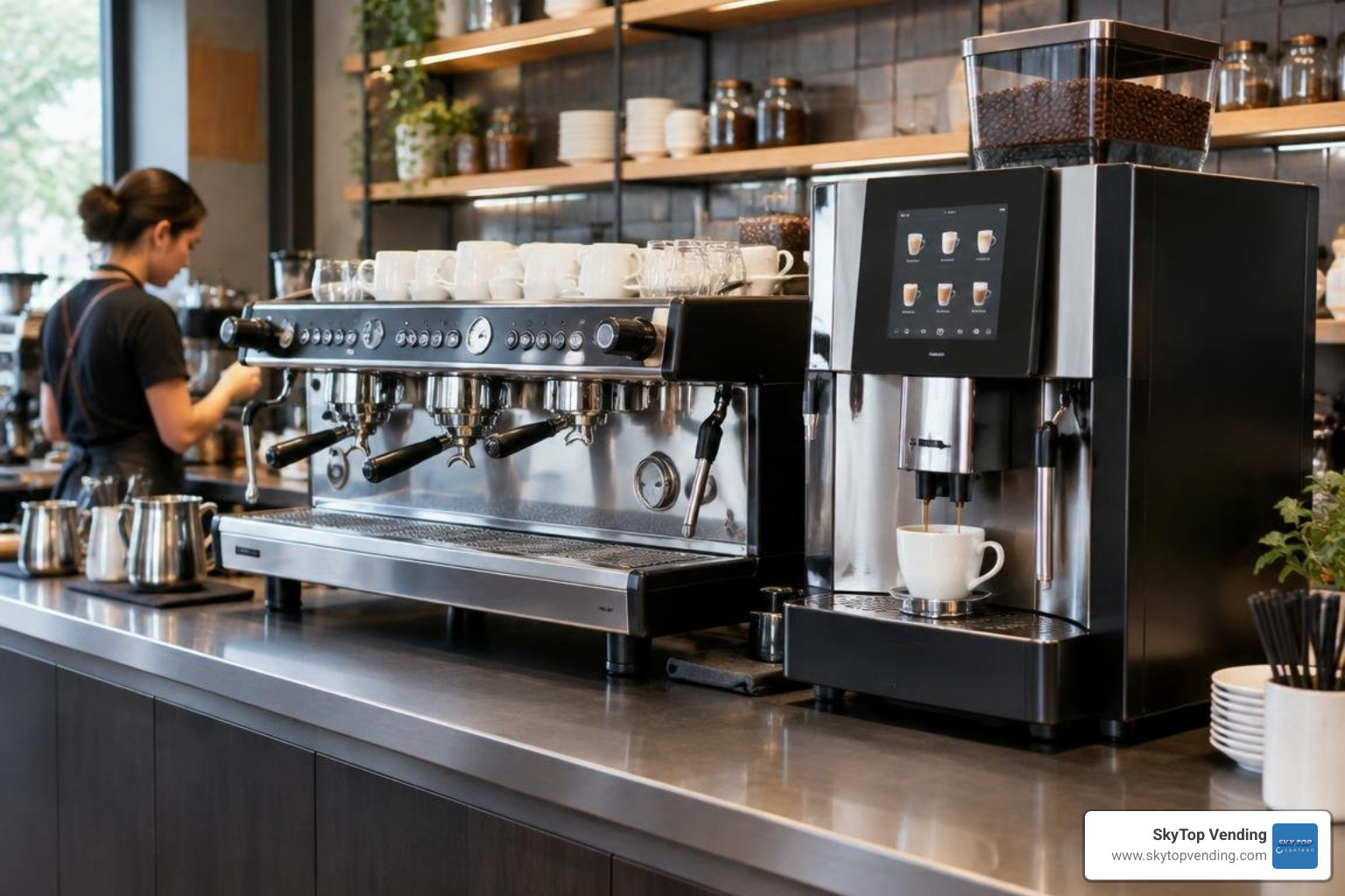 commercial traditional multi-group espresso machine alongside an automated bean-to-cup unit